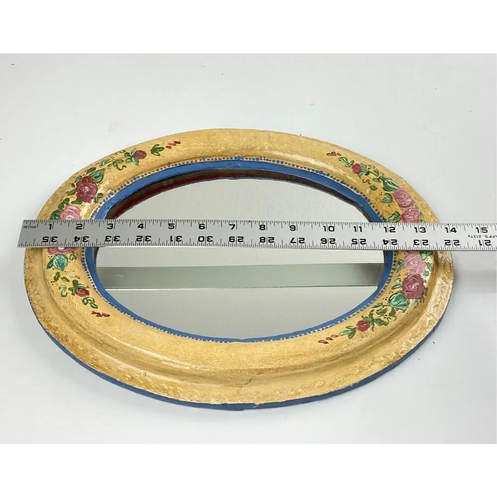 Antique Vintage Handpainted Floral Oval Wall Mirror Deep Wood Frame 12x14x1.25in